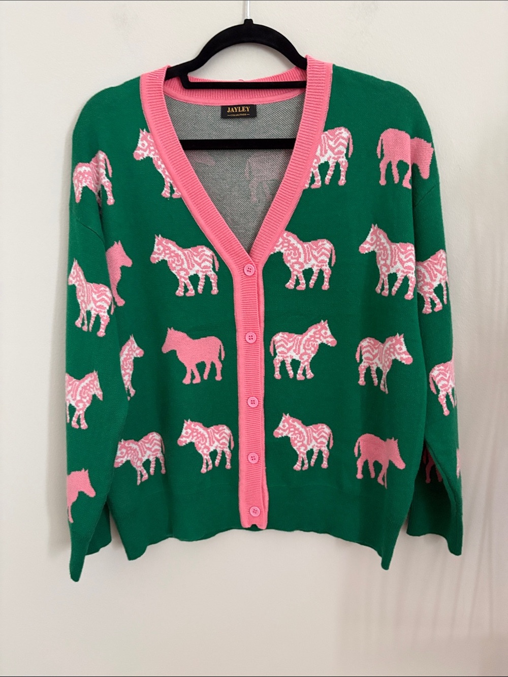 Green & Pink Horse Pattern V-Neck Cardigan Sweater